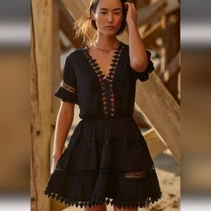 Anthropologie Peixoto Embroidered Lace Cover-Up Mini Dress - Black - Small